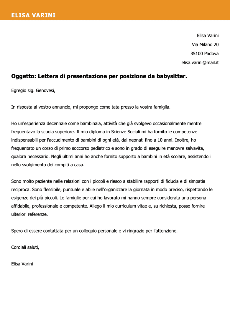 Esempio di lettera di presentazione da babysitter