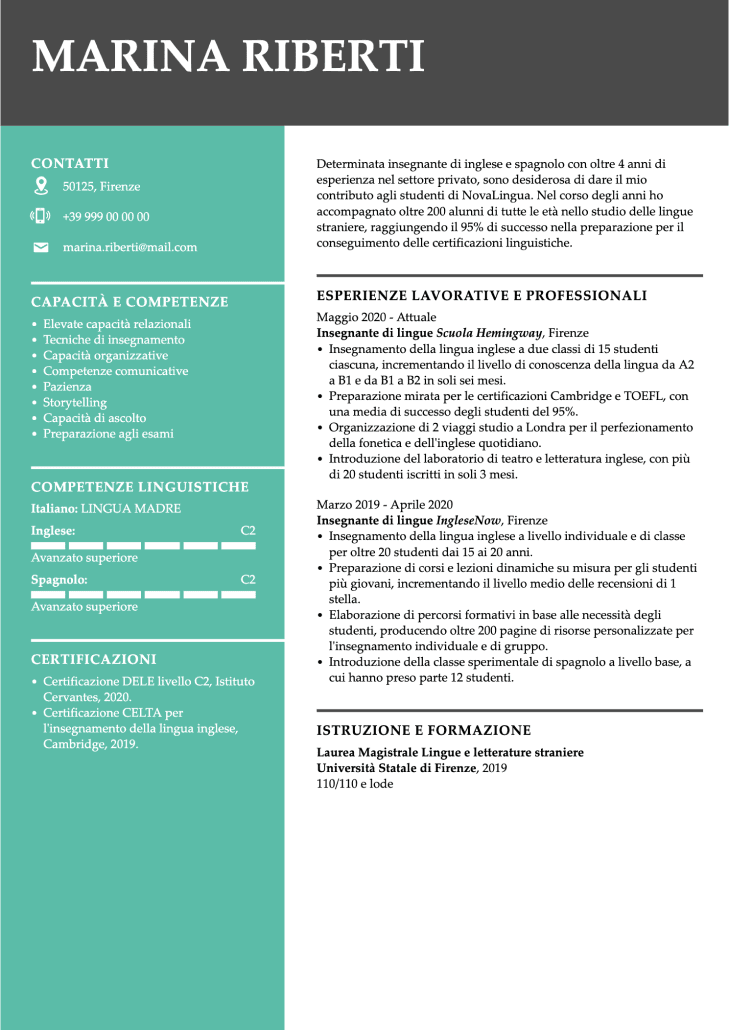 Esempio curriculum vitae grigio e verde