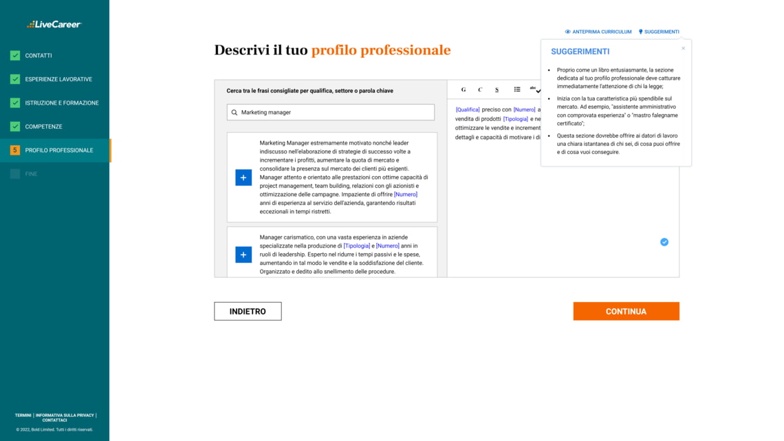 CV builder di LiveCareer