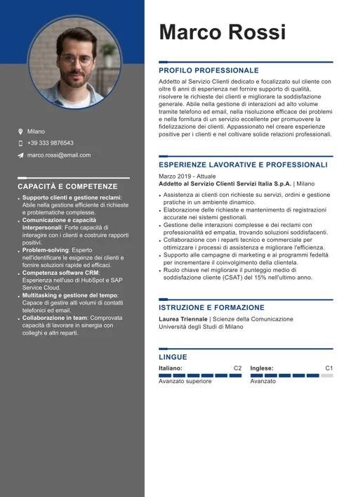 curriculum addetto servizio clienti