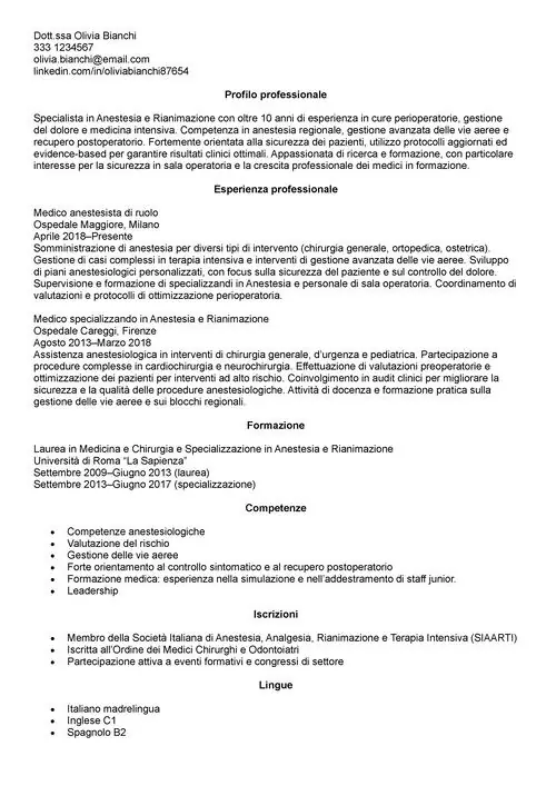 curriculum anestesista