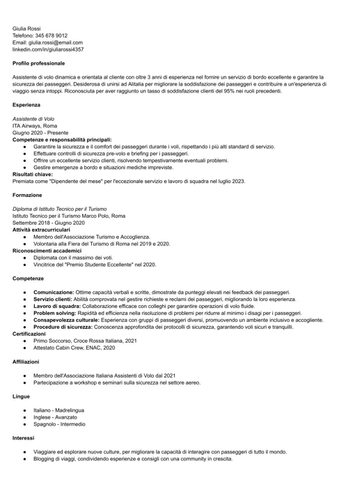 curriculum assistente di volo