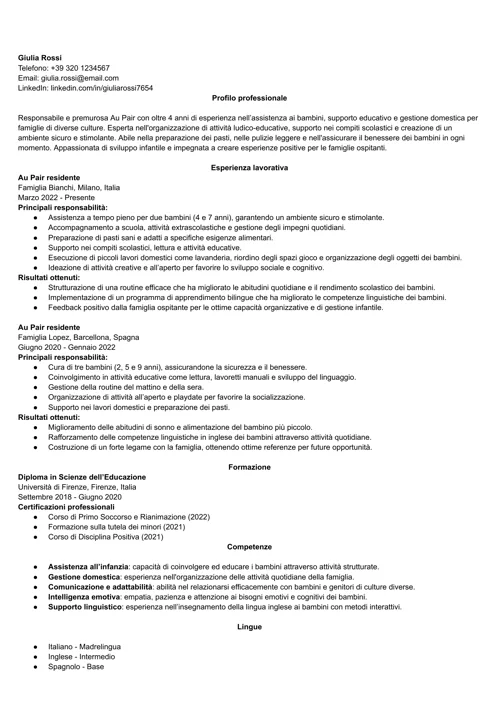 curriculum au pair