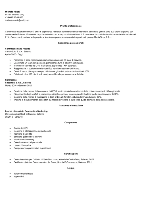 esempio da curriculum da commessa