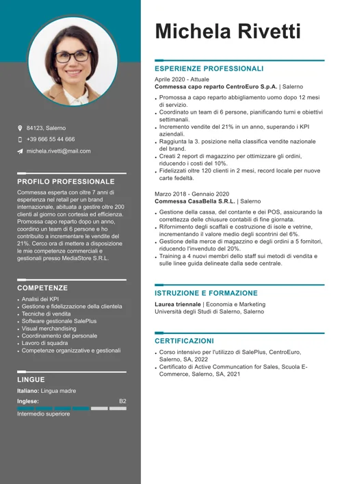 esempio da curriculum da commessa