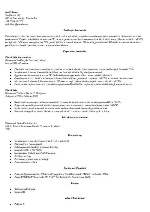 curriculum elettricista