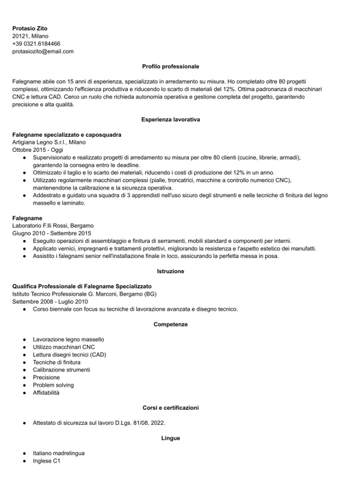 curriculum falegname