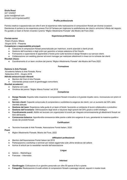 curriculum fiorista