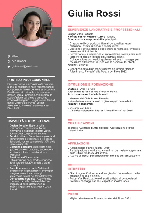 curriculum fiorista