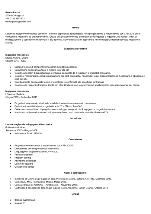 curriculum ingegnere meccanico