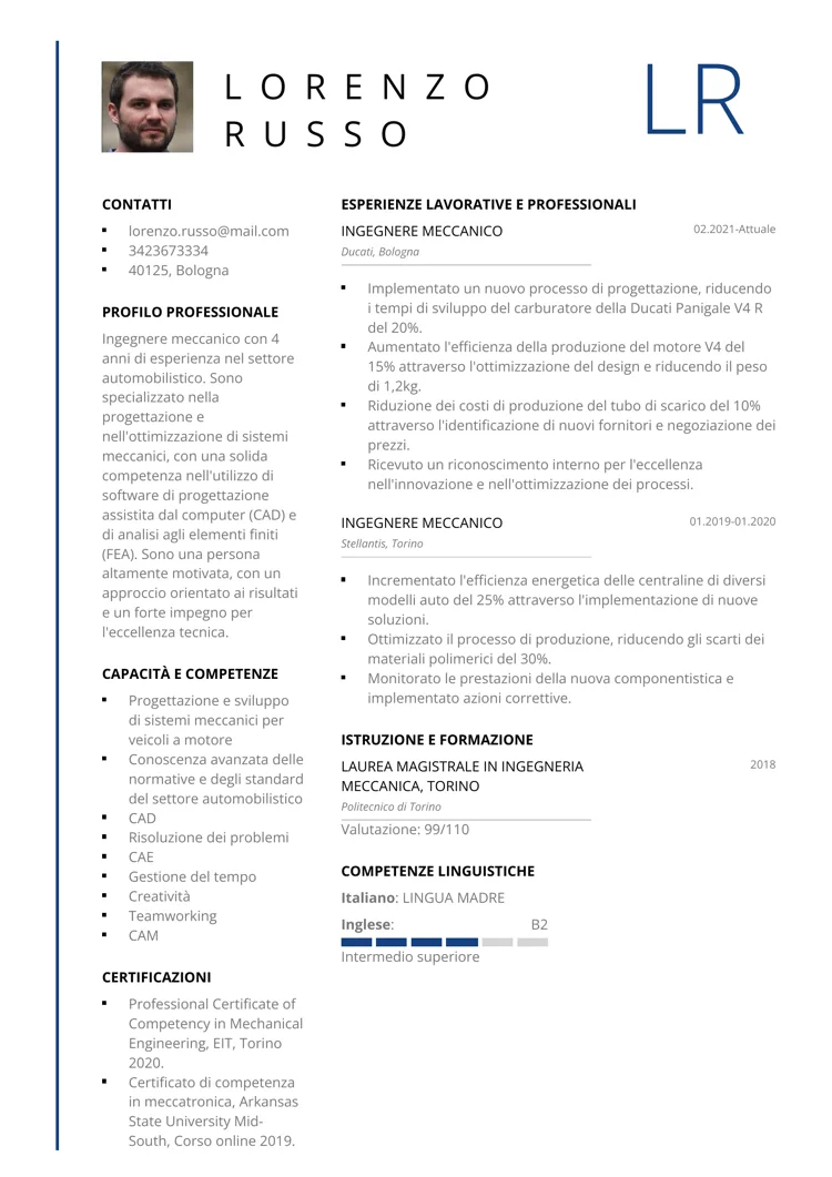 cv professionale esempio