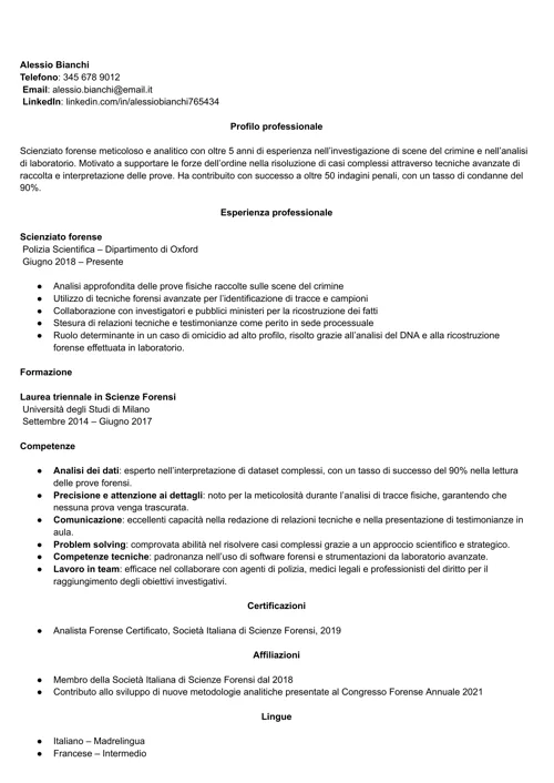 curriculum da scienziato forense
