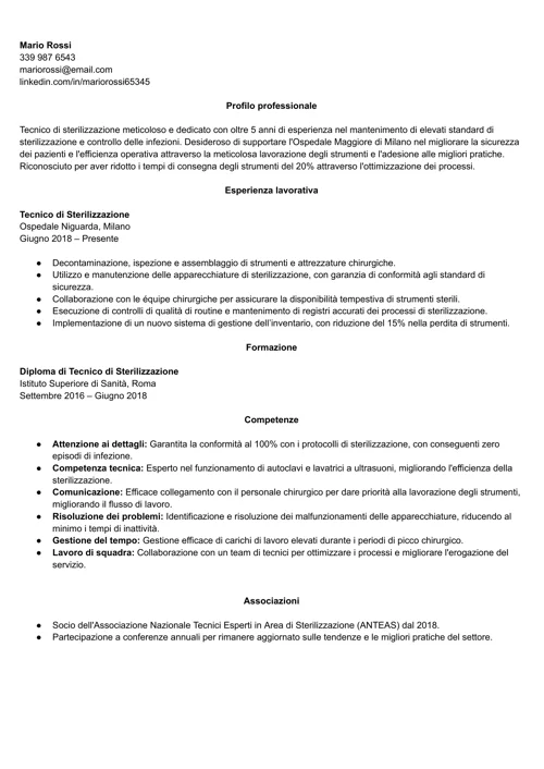 curriculum tecnico sterilizzazione