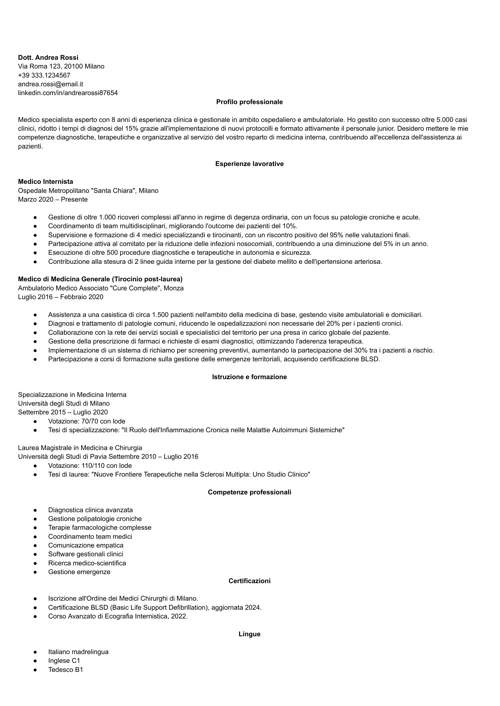 esempio di curriculum vitae medico