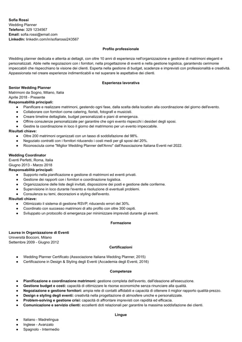 curriculum wedding planner