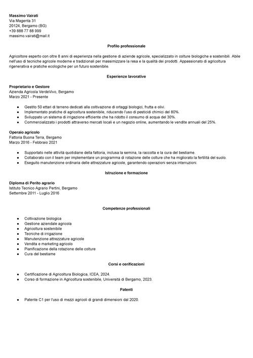 Esempio di curriculum vitae da agricoltore