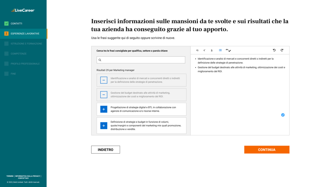 CV editor di LiveCareer