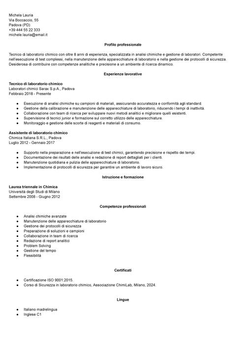 Esempio di curriculum da tecnico di laboratorio chimico