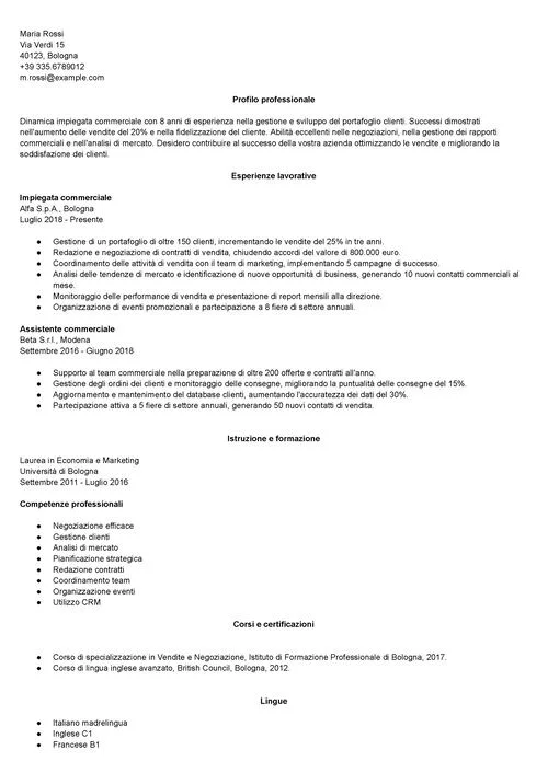 curriculum vitae impiegata commerciale