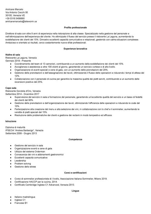 curriculum vitae ristorazione esempio