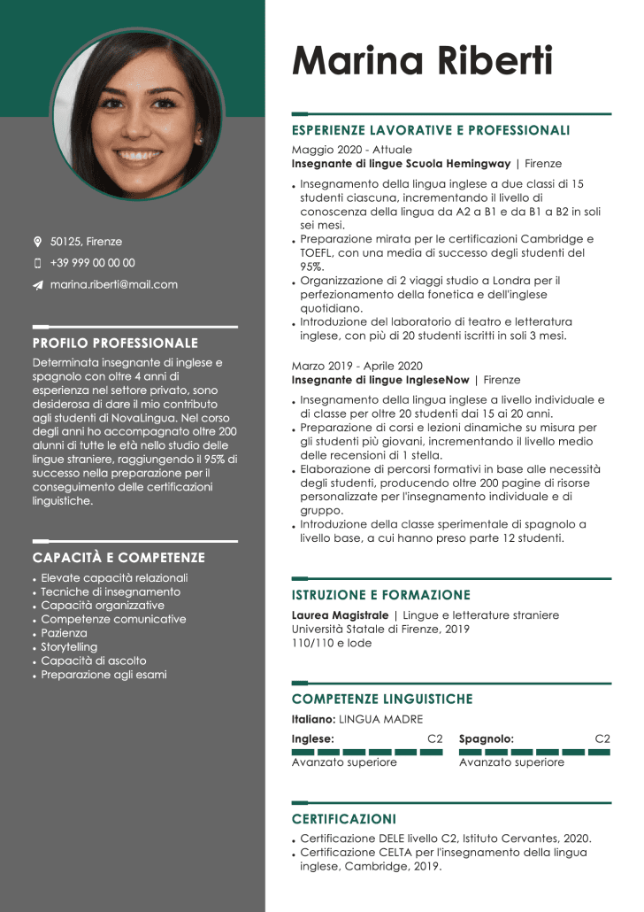 modello di curriculum creativo grigio e verde