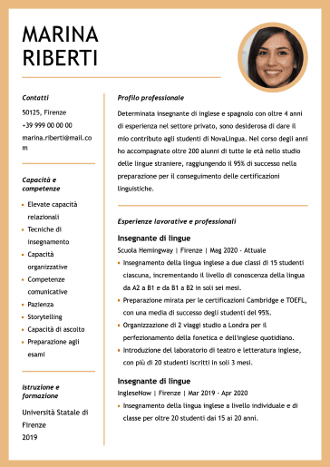 modello di curriculum vitae creativo arancione