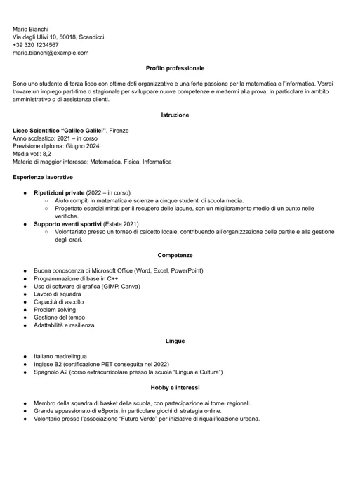 esempio cv studente superiori