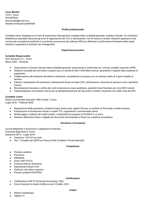 esempio curriculum vitae impiegata contabile