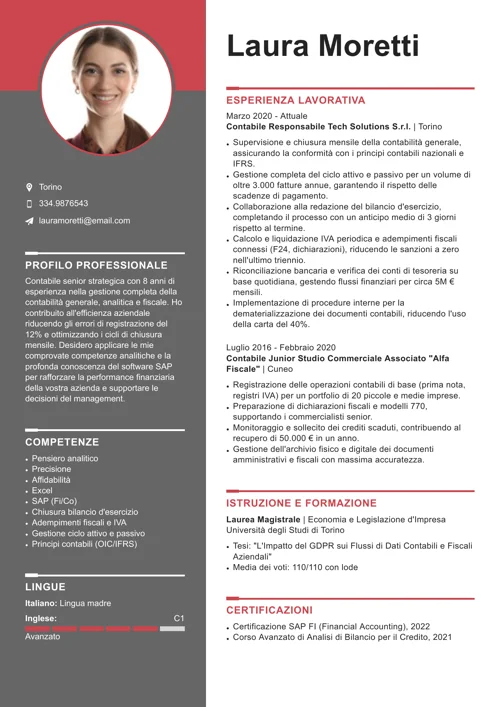 esempio curriculum vitae impiegata contabile