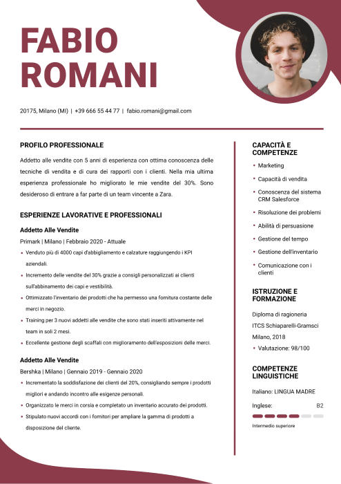 esempio di CV addetto vendite
