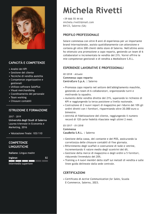 esempio di curriculum commessa