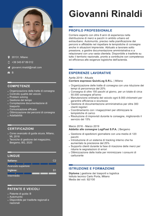 esempio di curriculum corriere