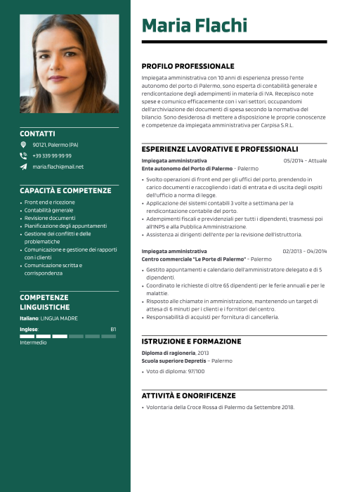 esempio di CV impiegata amministrativa