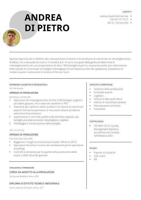 esempio di curriculum vitae operaio