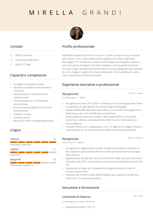 esempio di curriculum vitae receptionist