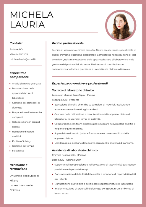 esempio di curriculum tecnico di laboratorio chimico