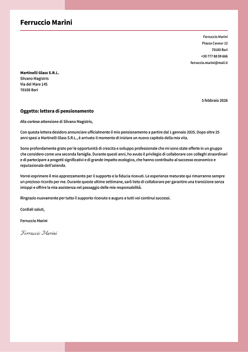 esempio lettera di pensionamento