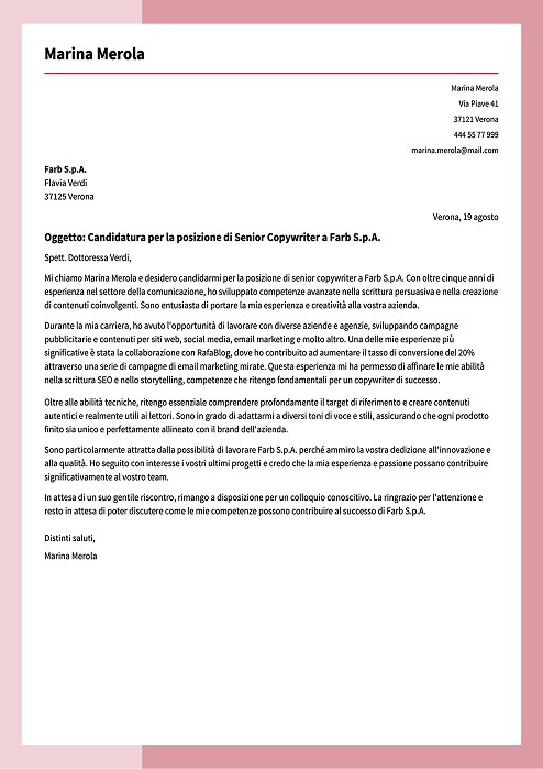 esempio lettera di presentazione per copywriter