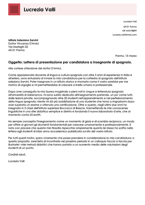 esempio lettera di presentazione da insegnante