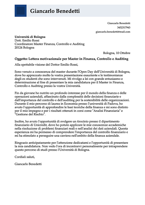 esempio lettera di presentazione per master