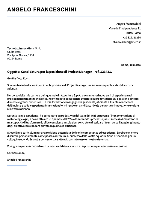 esempio lettera di presentazione da project manager
