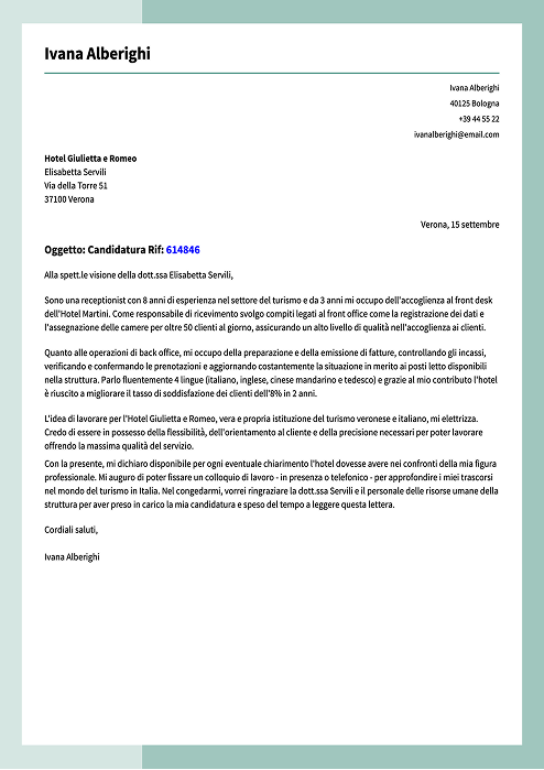 esempio lettera di presentazione da receptionist