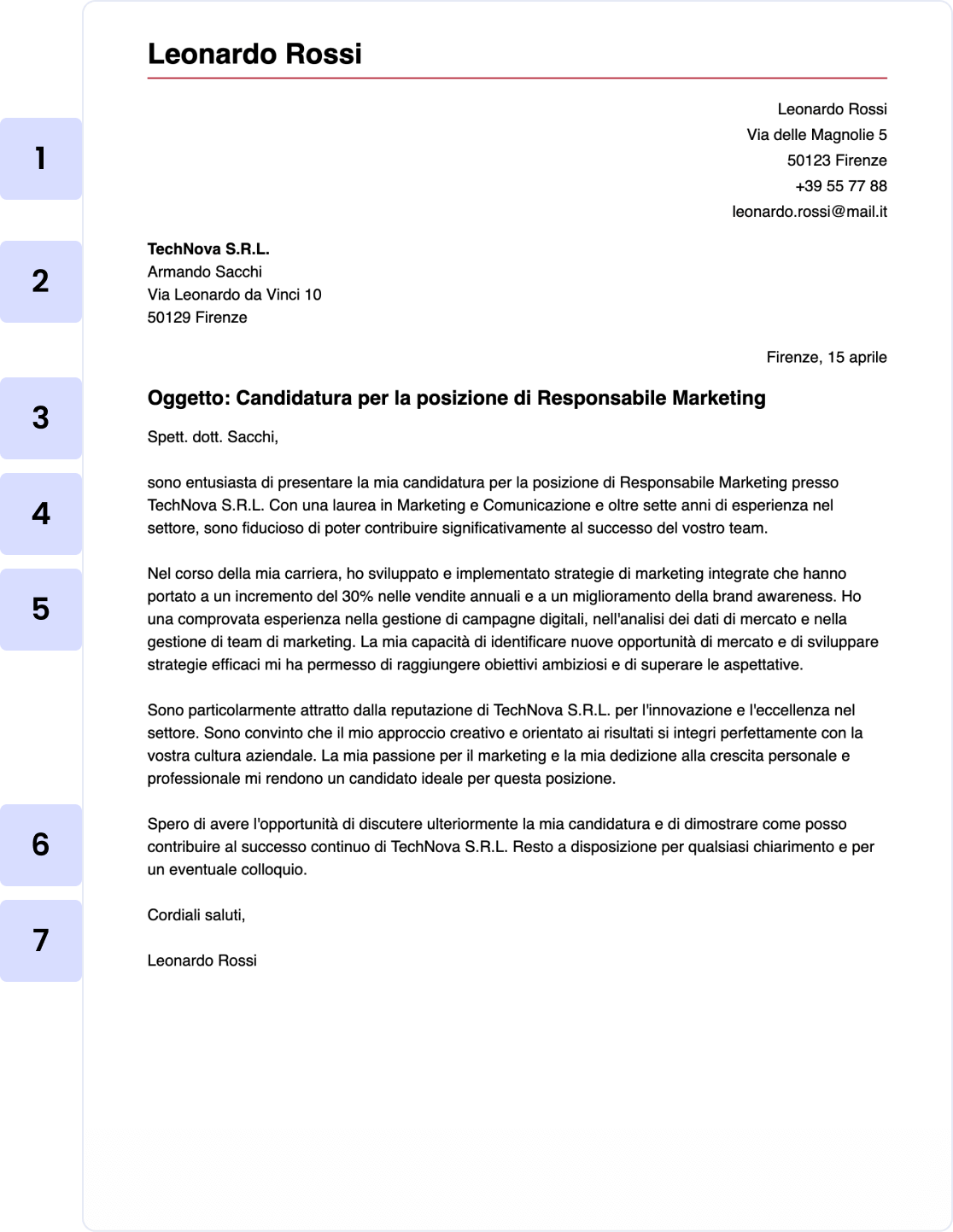 esempio di sezioni della lettera di presentazione