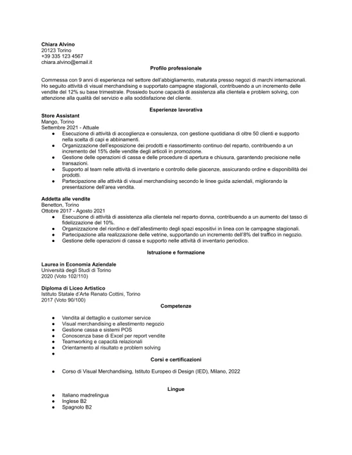 Esempio di curriculum per H&M