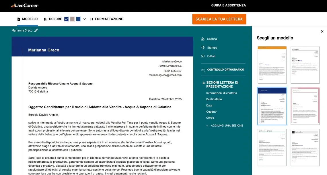 esempio lettera di presentazione addetta alle vendite