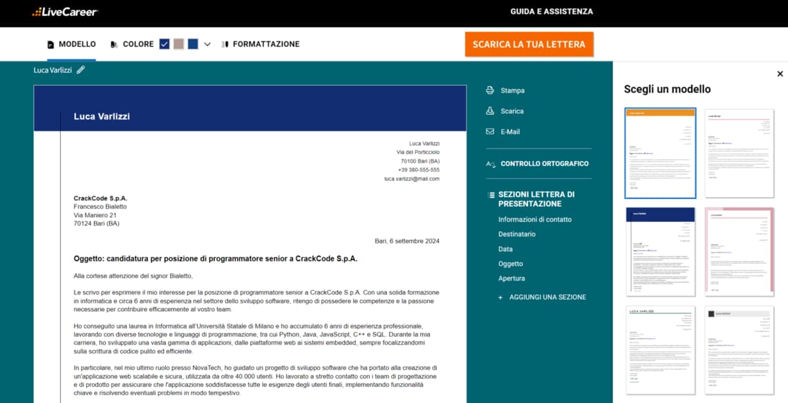 Esempio di lettera di presentazione da programmatore